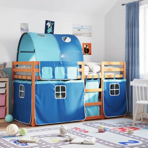 Mandloder Etagenbett mit Vorhängen Blau, 80x200 cm Massivholz Kiefer, Stabiler Bettrahmen für Kinderzimmer, sicherer Schlafplatz, inklusive Absturzsicherung