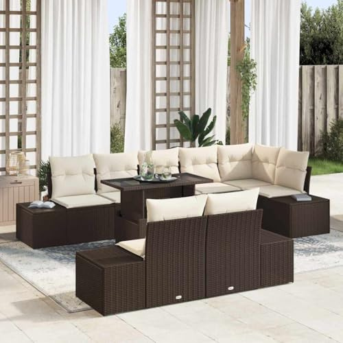 Bucmath Modulares Gartensofa-Set, 9-teilig, Braun/Creme Poly-Rattan, höhenverstellbarer Tisch, langlebiges Outdoor-Möbel für Terrasse, Garten, Balkon, Patio