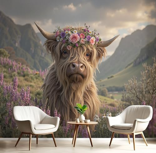 Seide Fototapete Ländlicher Tierstil Hochlandrinder, Wildblumen, Alpen 300x210cm - Fototapeten - Tapeten - für Wohnzimmer Schlafzimmer - Seide Wandtapete Tapete 3D Effekt