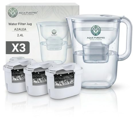 Aqua PurePro Azalea Water Filter Jug 2.4L – Inc 3 X AQUAPRO+ high performance Catridges – BPA-Free Premium Carafe – Reduces Chlorine, Limescale & Odours – Ideal for Tap Water