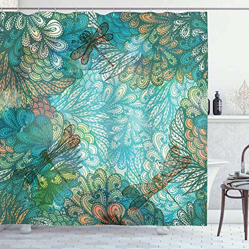 ABAKUHAUS Libellula Tenda da Doccia, Fantasia Fiori Mix, Tessuto Set di Decorazioni per Il Bagno con Ganci, per la Vasca da Bagno, 175 cm x 200 cm, Turchese Ambra