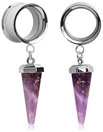 KUBOOZ (1 Paar Amethyst-Stein Anhänger Edelstahl Ohrstöpsel Tunnel Messgeräte Keilrahmen Piercings 0g