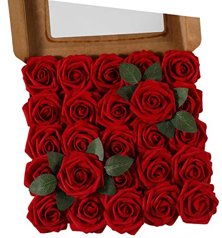 Ruiuzioong Fiori Rosa Artificiali 25 Pezzi Rose Finte Schiuma Aspetto Reale con Foglia e Gambo Regolabile per DIY Matrimoni Mazzi Nuziale Festa Casa Stanza Decorazioni (vino rosso, 25 Pezzi)