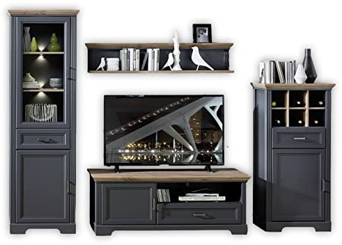 Stella Trading JASMIN Wohnwand Komplett-Set in Graphit, Artisan Eiche Optik - Schrankwand mit LED-Beleuchtung für Ihr Wohnzimmer im Landhausstil - 299 x 204 x 51 cm (B/H/T)
