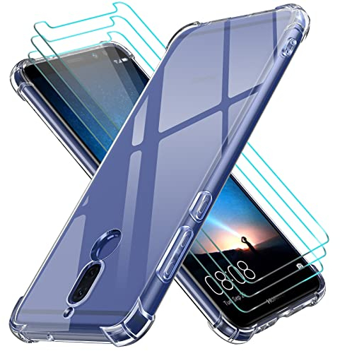 ivoler Funda para Huawei Mate 10 Lite con 3 Piezas Cristal Templado, Carcasa Protectora Antigolpes Transparente, Suave TPU Silicona Caso Delgada Anti-Choques Case