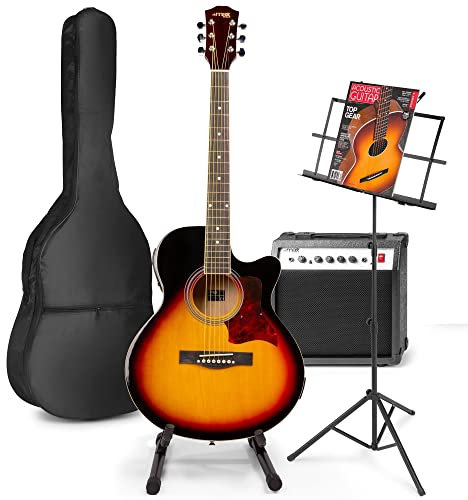 MAX Guitarra Electroacústica Sunburst Set Completo - Amplificador 40W, Soporte, Atril, Funda, Correa, Púas, Afinador, Cuerdas de Repuesto - Ideal Principiantes y Avanzados