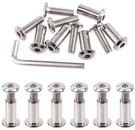 Swpeet Juego de 25 tornillos de unión de plata chapados en níquel M6 x 20 mm, tornillos de cabeza hexagonal, tuercas de barril con 1 llave Allen, poste de tornillo para muebles