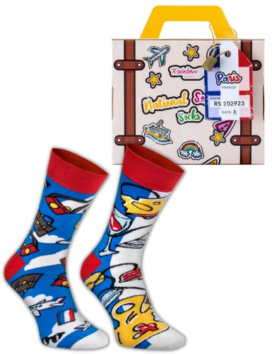 Rainbow Socks – Französische Socken Im Koffer – Für Den Reisenden, Frankreich-Liebhaber – 1 Paar In Den Farben Der Französischen Flagge – Eiffelturm, Makronen, Käse, Wein. Größe 36-40