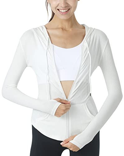 SEAUR Chaqueta deportiva para mujer, manga larga, fina, para yoga, fitness, con cremallera, fina, de secado rápido, Blanco, M