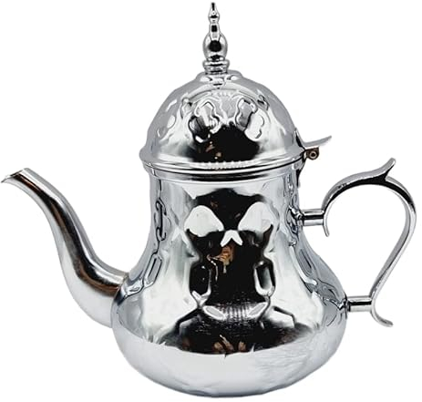 Tetera árabe realizada en Acero Inoxidable- Tetera Inducción con Filtro Integrado y asa Auténtica Tradicional Modelo Grabado con Diseño Clásico Arabe (plata-48)