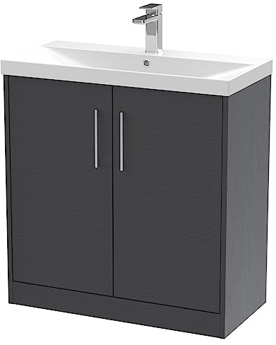 Hudson Reed JNU2205D Juno Modern Bathroom Floor Standing 2-Door Vanity with Thin-Edge Ceramic Basin, 800mm, Woodgrain Graphite Grey