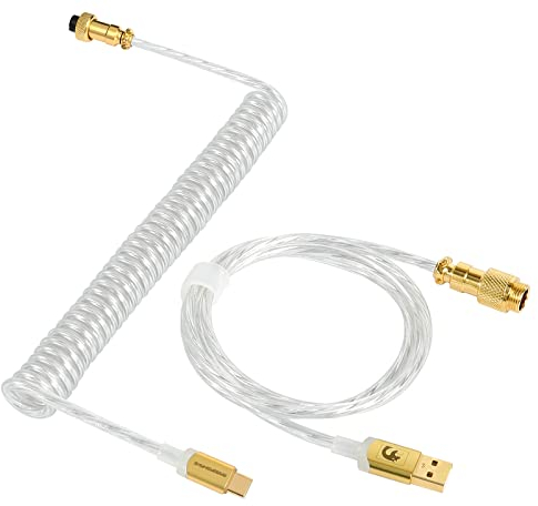 MAMBASNAKE C02 Spiral Tastaturkabel, Custom USB-C Kabel für Mechanische Tastatur, TPU Coiled Cable für Gaming-Tastatur, Typ-C zu USB-A, Abnehmbarer Gold Luftfahrtstecker für Tablet/Smartphone-Clear