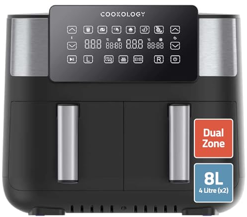 Cookology CAF80DI 8 Litre Dual Zone Air Fryer Extra Large with 6 Cooking Functions, LED Touch Screen and Easy Temperature Control, Healthy and Oil Free - In Black