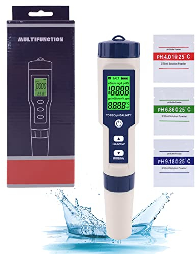 RoseFlower ph Sonde Pool, Salzgehalt Messgerät für Poolwasser, 5 in 1 TDS/EC/Salzmessgerät/Temperaturmesser/PH WasserTester Digitaler Wasserqualität Monitor Tester Messgerät, Pool Wassertester