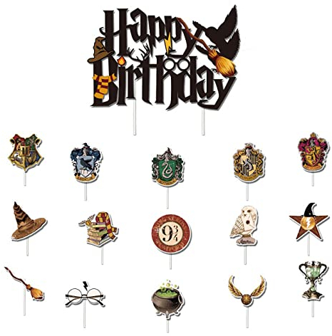 Yiran 16pcs Harry Potter Happy Birthday Cake Toppers for Boys, Harry Potter Cake Toppers, Harry Potter Cake Decorations Cupcake Toppers for Girls,Kids Black Magical Wizard Inspired Theme Party Supply