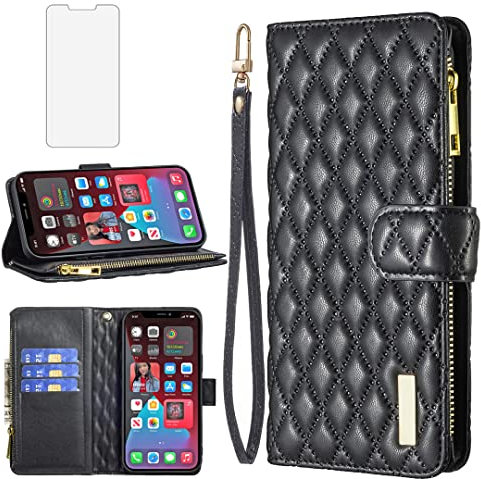Asuwish Étui de téléphone pour iPhone 12 Pro iPhone 12 6.1,Étui portefeuille avec protecteur d'écran en verre trempé et porte-cartes en cuir,Femme et fille,Noir