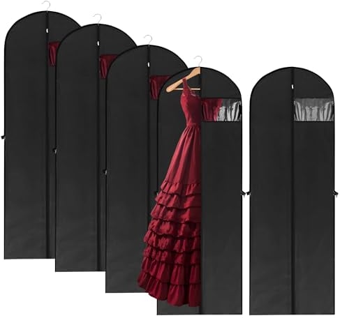 Confezione da 5 custodie per abiti lunghe 180 cm, a lunghezza intera, con finestra trasparente, per abiti da sera, antipolvere, in tessuto Oxford, colore nero