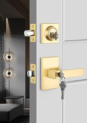 goldenwarm Poignée de porte dorée avec pêne dormant, ensemble de serrure de porte extérieure carrée contemporaine en or brossé avec pêne dormant, serrures de porte d'entrée avant en alliage de zinc