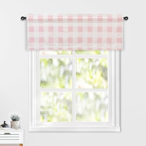 DriftAway Buffalo Check Plaid Fenstervolants gefüttert Verdunkelung thermisch isoliert energiesparend rosa und weiß Büffel kariert Bauernhaus kurzer Küchenvolant 1 Packung Stangentasche 45,7 cm lang