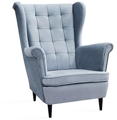 Kaiser Möbel Lounge Sessel Rest - Klassische Ohrensessel mit Armlehnen, Retro Stuhl aus Stoff mit Holz Füßen, Polsterstuhl für Esszimmer & Wohnzimmer, Stoff Velour Silber