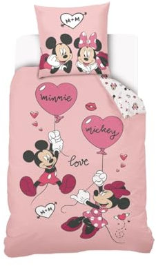 DISNEY - Housse de couette Mickey et Minnie 140x200 cm + 1 Taie d'oreiller 63x63 cm - 100% Coton - Rose