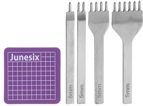sourcing map 4pcs Leather Prong Punch 5mm 1/2/4/6 Prong Diamond Lacing White Steel Leather Stitching Punch Chisel Hole Punches Punching with 6mm Cutting Mat for Leathercraft DIY