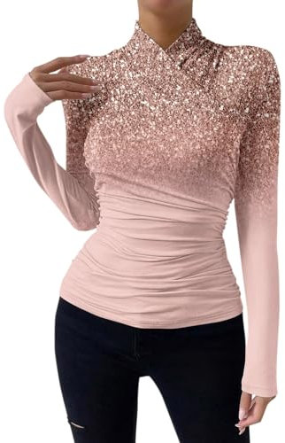 Top da donna con paillette, elegante e sexy, con stampa con paillettes, a vita sottile, scollo rotondo, a maniche lunghe, bello (stampa solo paillettes), 01-rosa, XL