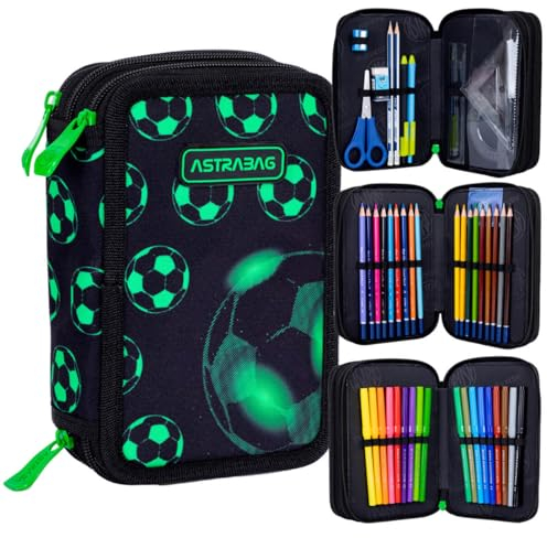 ASTRABAG NEO Football 3-Fach Mäppchen Federmappe Gefüllt dreifaches Federmäppchen, Schüleretui 3-stöckig Jungen, Federtasche XXL, Federmäppchen mit Zubehör, Motiv - Game