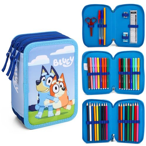 Bluey Estuche grande de 3 niveles con múltiples compartimentos, suministros escolares, papelería, bolígrafos para colorear y juegos de lápices, multicolor, Bluey Estuche grande de 3 niveles