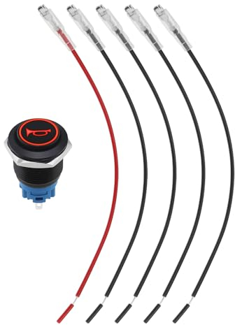 ECSiNG Bouton Poussoir de Klaxon Momentané 19mm 12V avec Prise Pré-câblée Interrupteur à Bouton de Klaxon Marche/Arrêt pour Voiture Camping-Car Camion Bateau Coque en Acier Inoxydable LED Rouge