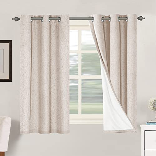 BellaHills 100% Blackout Curtains Faux Linen Eyelet Curtains for Bedroom Living Room Thermal Insulated Burlap Eyelet Curtain & Drapes 2 Panels, 46 x 54 Inch, Natural