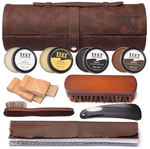 YUET Kit de Cirage À Chaussures, 13 Pièces Ensemble de Nettoyage pour Cuir Marron Noir Avec Étui de Voyage pour Brosse, Crin de Cheval Doux, Applicateur en Bois, Chausse-Pied, Chiffon