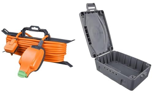 Masterplug CT1513P/IPS Weatherproof Outdoor Single Inline Socket Extension Lead with ‘H’ Frame Cable Tidy, 15 Metres, Orange & WBX-MS Weatherproof Electric Box for Outdoors, 345 x 220 x 126.5 mm, Grey