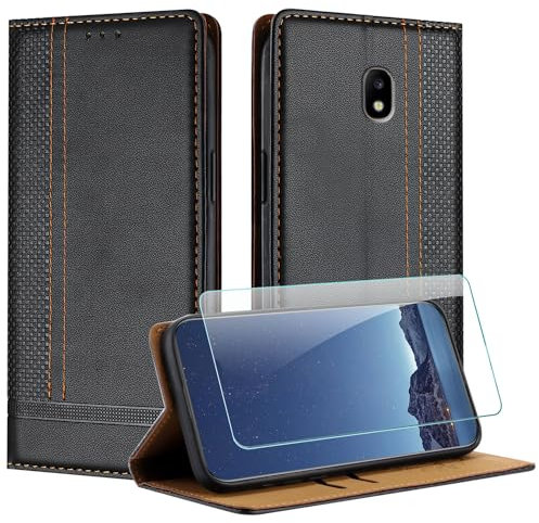 JayModCase Case for Samsung Galaxy J330 / J3 2017 with 1 Pack Screen Protector, PU Leather Flip Magnetic Buckle Wallet Cover with Card Slots Kickstand Compatible with Samsung J3 2017 - Black
