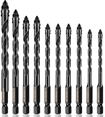 INTHEEND 10Pcs Concrete Drill Bit Set, 3/16-1/2 Upgrade Serrated Cross Edge Masonry Drill Bit Set, Industrial Cement Drill Bits for Brick/Tile/Glass/Wood/Plastic, Hex Shank Cross Tip Drill Bits