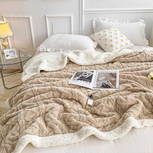 WONGS BEDDING Kuscheldecke 220x240 Flauschig Sherpa Decke, Sofaüberwurf Fleecedecke, Dick Sofadecke Doppelgesicht Extra Warme & Weiche Couchdecke Khaki Wohndecken