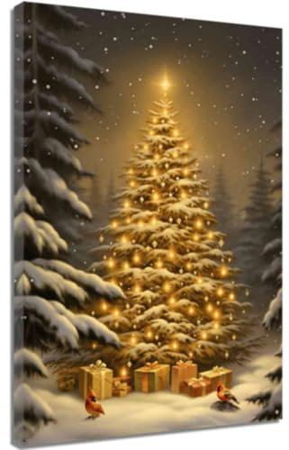 ZQQART Weihnachtsbäume Leinwand Wanddrucke Winter Weihnachtsthema Kiefer im Schnee Bild Frohe Weihnachten Baum Kunstwerk Weihnachtsbaum Poster Gerahmt (Gold,30x45cm)