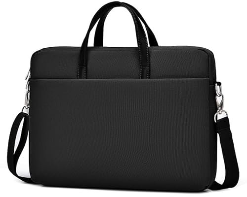 FUNSEED 14in 15in Laptop Bag for Women Men, Large Capacity Solid Color Waterproof Polyester Shoulder Crossbody Bag, Black, 15.6 in