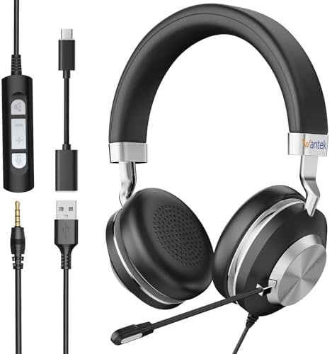 Wantek Cuffie con microfono,USB/Tipo c/3,5 mm jack 3 in 1 Cuffie con Filo PC,con riduzione del rumore e regolazione del volume per Call Center,Skype,Zoom,Home Office,corsi online