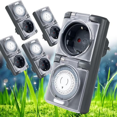 4smile Zeitschaltuhr Aussenbereich - 5 Stück - Zeitschaltuhr Steckdose außen IP44, mechanischer Zeitschalter analog außen - Outdoor Timer, Zeitschalter für Steckdose außen, hohe Schaltleistung