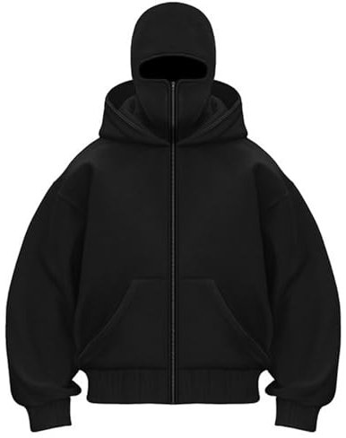 PADOLA Balaclava Zip Hoodie Herren Ninja Kapuzenpullover mit Sturmhaube Oversized Mask Jacke mit Doppel Kapuze Y2K Hoodie mit Fleece Winddichte Übergangsjacke Motor Fahrrad (2XL, 0 Schwarz)