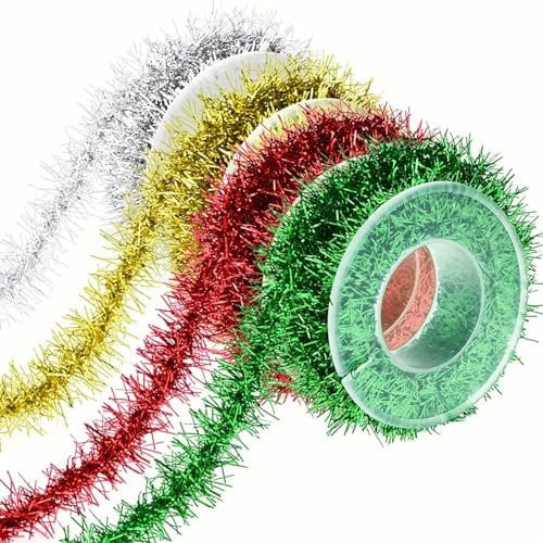 YUNSHANGHT 4 Rolls Christmas Tinsel Garland Christmas Thin Tinsel Christmas Tree Decorations Tinsel Xmas Glitter Ribbon for Holiday Present Wrapping Decoration DIY Craft Supplies
