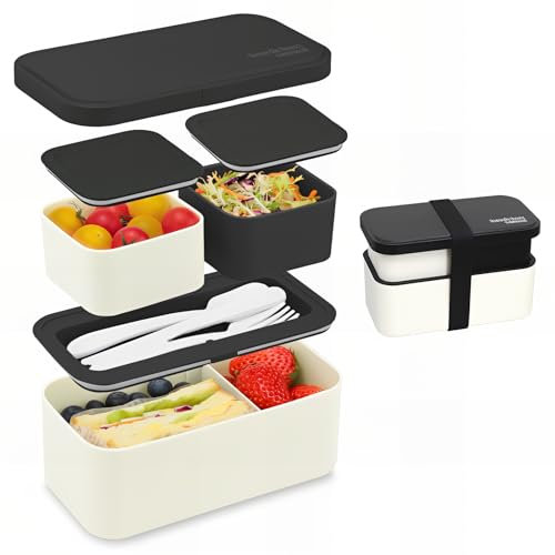 Bugucat Lunchbox Erwachsene 1450ML, 2 in 1 Brotdose Kinder mit 3 Fächern, Auslaufsicher Lunchbox Kinder Bento Box Erwachsene, Brotdosen Vesperdose Frühstücksbox für Mädchen & Jungen BPA-Frei Schwarz