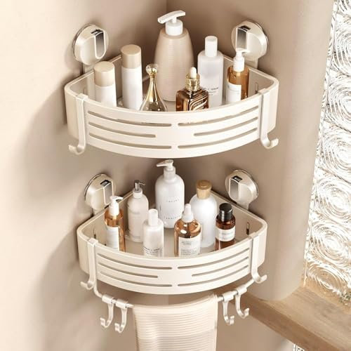 Voldra Corner Shower Caddy Suction Cup, Shower Shelf Coner No Drilling Bathroom Coner Shelves Suction Shower Organiser Rack Adhesive Corner Caddy with Towel Bar Wall Mounted(2-Pack, White)