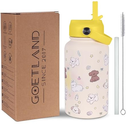 Goetland 650 ml Insulated Water Bottle with Straw Lid Stainless Steel Cute Dog Cat Pattern UV Printed Vacuum Double Wall Leakproof Wide Mouth for Kids Girls Women Yellow