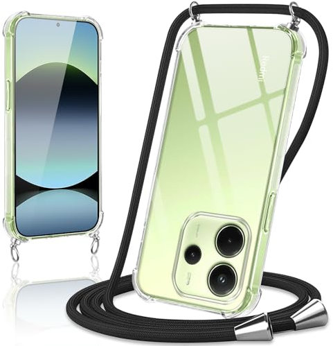 Coiwxmoi Handyband Handyhülle für Xiaomi Redmi Note 14 4G Hülle mit Band 6,67,Transparent Case mit Kette Abnehmbar zum Umhängen Kordel Schutzhülle,Weich Silikon Stoßfest Cover,Schwarz