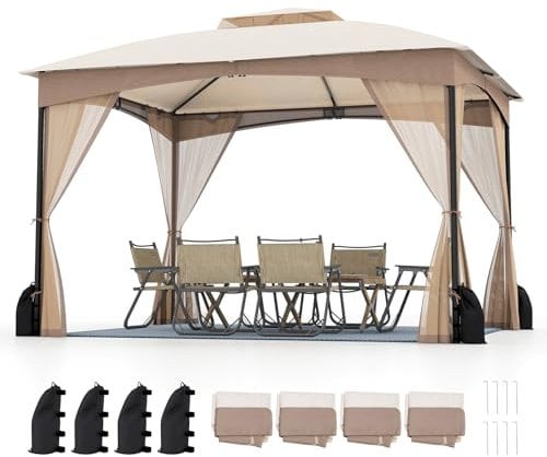 COSTWAY 3m x 3m/3.6m x 3m Garden Gazebo, Double Roof Patio Pavilion Tent with Netting Sidewalls and 4 Sandbags, Heavy Duty Waterproof Marquee Canopy Shelter (Khaki, 365 x 300 x 286 cm)