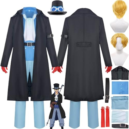 bbganlian Anime One Piece Sabo Cosplay Kostüm Outfit Monkey D Garp Rollenspiel Uniform Komplettes Set Halloween Party Karneval Dress Up Anzug mit Perücke Hut für Männer
