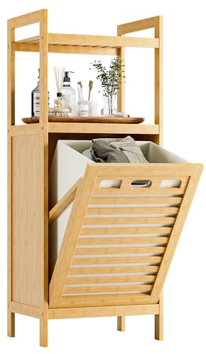 HITNET ‌Badschrank mit Wäschekorb, Wäscheschrank, Bambus Badezimmerschrank mit Wäschesammler und 2 Offene Regale, 40L Herausnehmbare Innentaschen für Waschküche, Badezimmer und Schlafzimmer, Natur