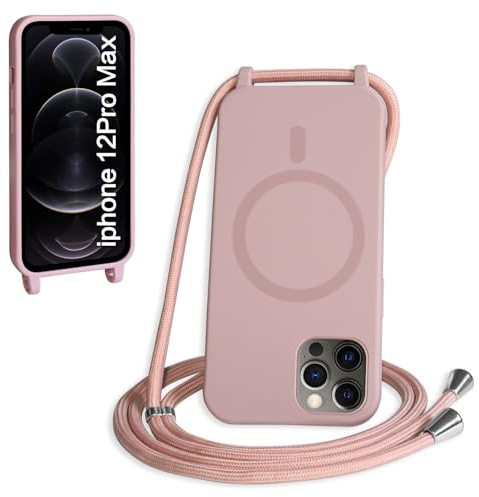 FMPCUON Crossbody Lanyard Case for iPhone 12 Pro Max,Wireless Charging Shell with Adjustable Neck Cord Lanyard Strap Stylish Shockproof Silicone,Deep pink